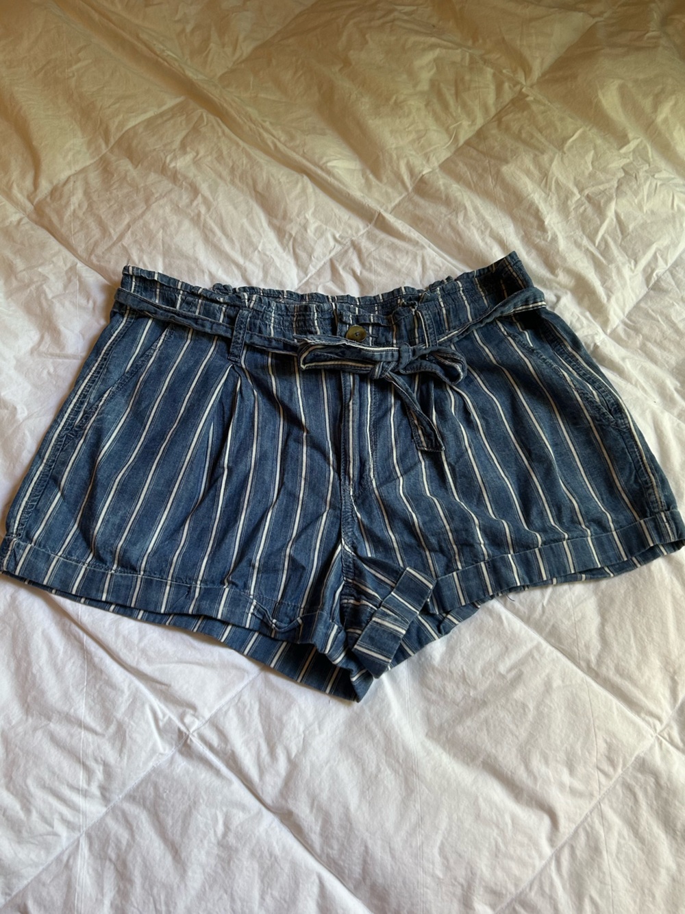 American Eagle Outfitters Navy and White Striped High-Waist Paperbag Shorts